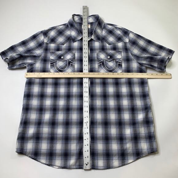 True Religion Shirt Mens 2XL Navy White Cotton Western Yoke Plaid Pearl Snap - Picture 5 of 11